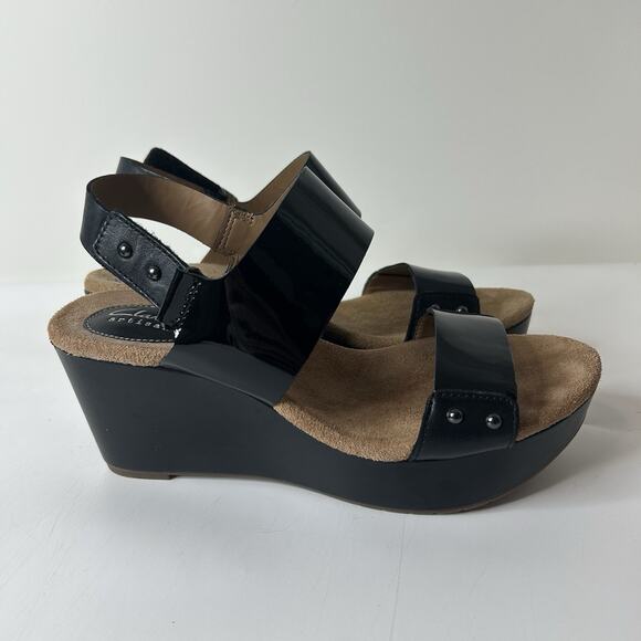 Clarks Sandals Women’s 8 M Artisan Caslynn Dez Black Patent Leather Wedge - Picture 6 of 10